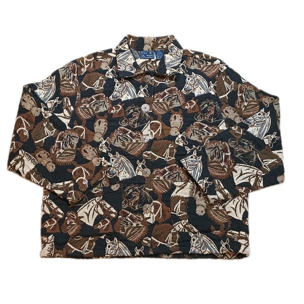 Vintage Jane Ashley Horse Tapestry Equestrian Button-up Jacket Women's Large.